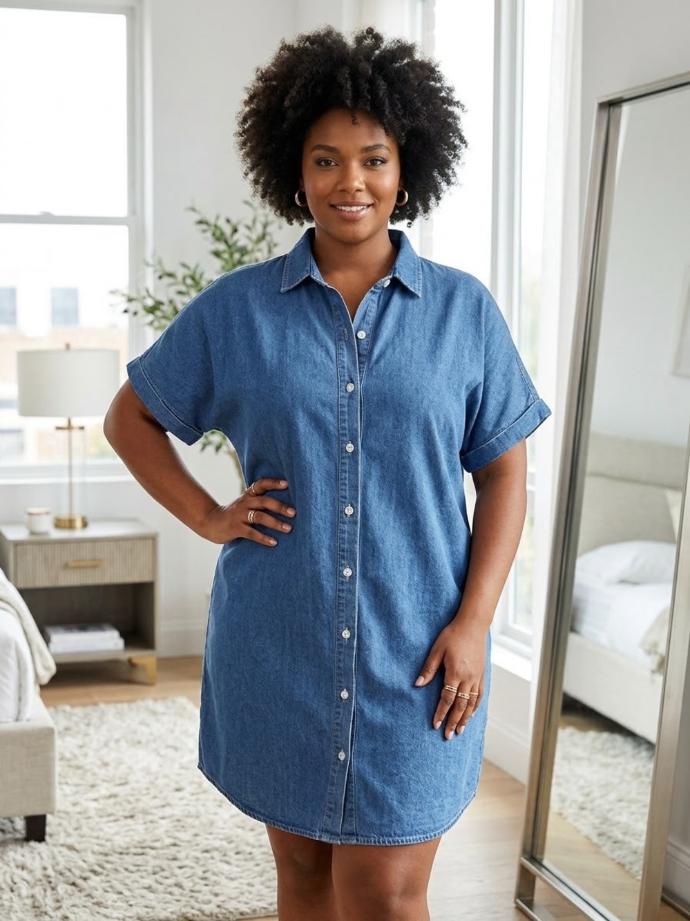 Button-Front Denim Shirt Dress - Blue